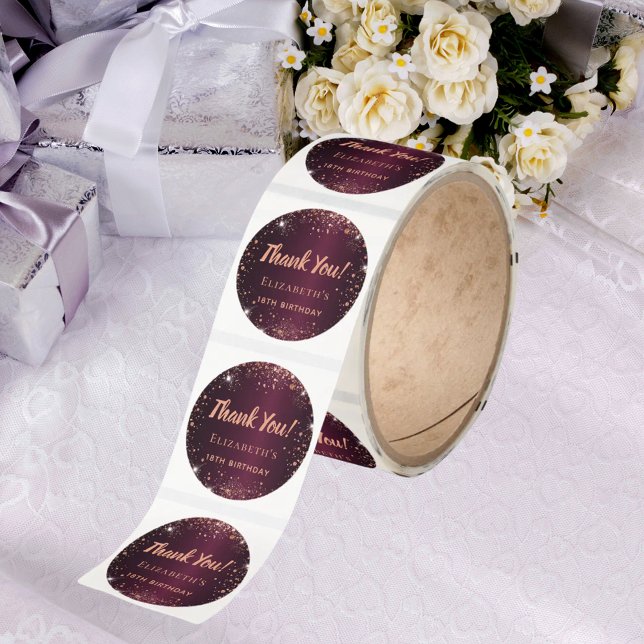 Birthday burgundy rose gold name thank you classic round sticker (Creator Uploaded)