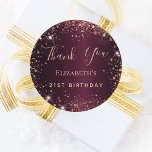 Birthday burgundy rose gold name thank you classic round sticker<br><div class="desc">For an elegant 21st (or any age) birthday.  A burgundy  faux metallic looking background color. Decorated with rose gold faux glitter dust. Personalize and add a name and age 21.. Thank you is written with a modern hand lettered style script.</div>