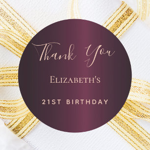Birthday burgundy rose gold name thank you classic round sticker