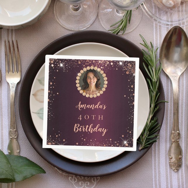 Birthday burgundy rose gold photo diamonds napkins (Creator Uploaded)