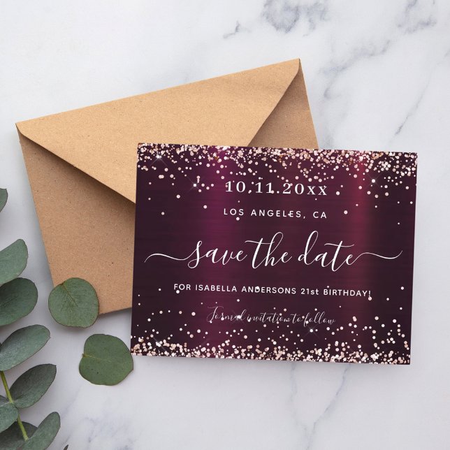 Birthday burgundy rose gold save the date announcement postcard (Creator Uploaded)