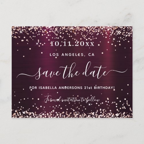 Birthday burgundy rose gold save the date announcement postcard