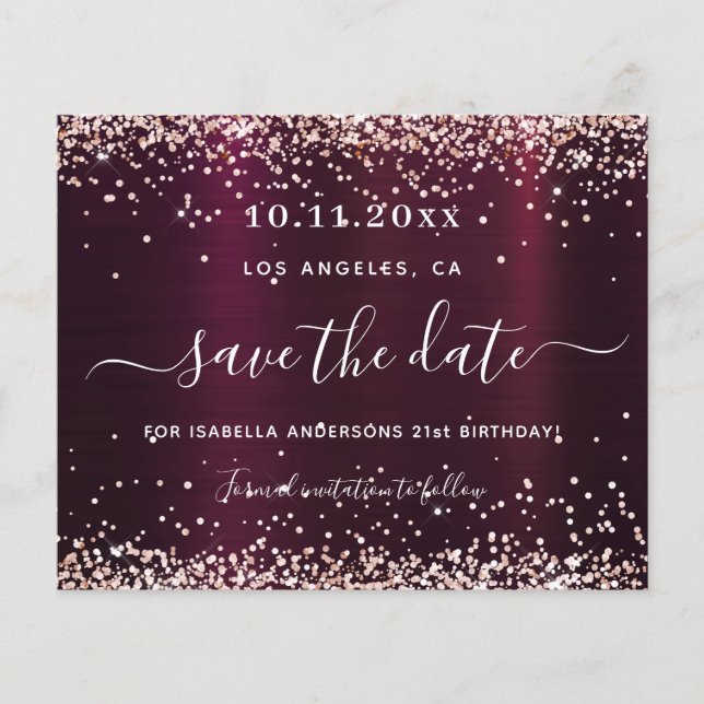 Birthday burgundy rose gold save the date card (Front)