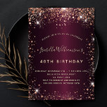 Birthday burgundy rose gold sparkles invitation<br><div class="desc">For an elegant 40th (or any age) birthday.  A burgundy background color. Decorated with rose gold faux sparkles. Personalize and add a name,  age and party details. The name is written with a hand lettered style script</div>