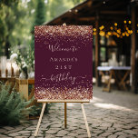 Birthday burgundy rose gold welcome foam board<br><div class="desc">A welcome board for a girly and glamorous 21st (or any age) birthday party.  A burgundy background decorated with rose gold confetti.   Personalize and a name.  
Back: no design</div>