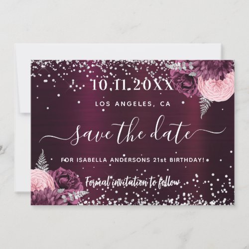 Birthday burgundy silver floral save the date