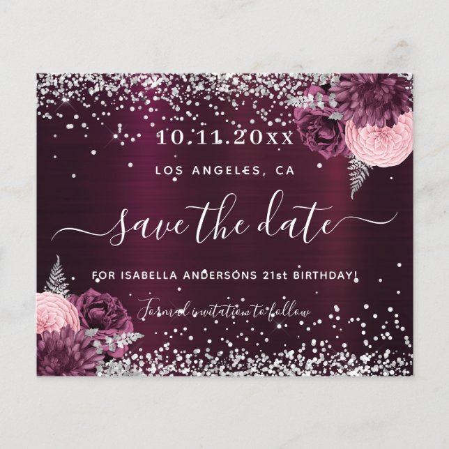 Birthday burgundy silver floral save the date (Front)