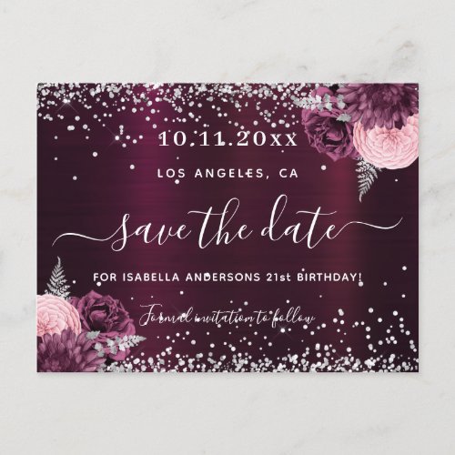 Birthday burgundy silver floral save the date announcement postcard