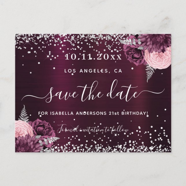 Birthday burgundy silver floral save the date announcement postcard (Front)