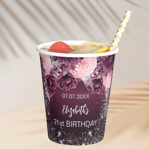 Birthday burgundy silver flowers pink sparkle paper cups