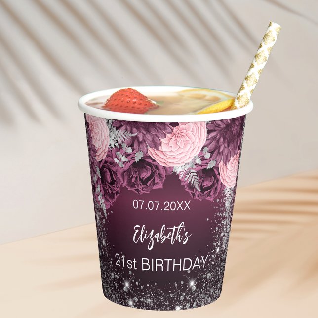 Birthday burgundy silver flowers pink sparkle paper cups (Creator Uploaded)