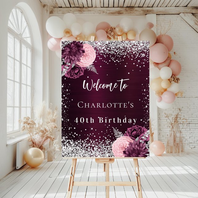 Birthday burgundy silver flowers welcome foam board (Creator Uploaded)