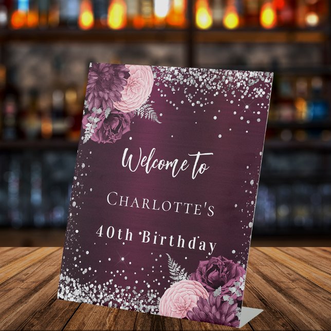 Birthday burgundy silver flowers welcome pedestal sign (Creator Uploaded)
