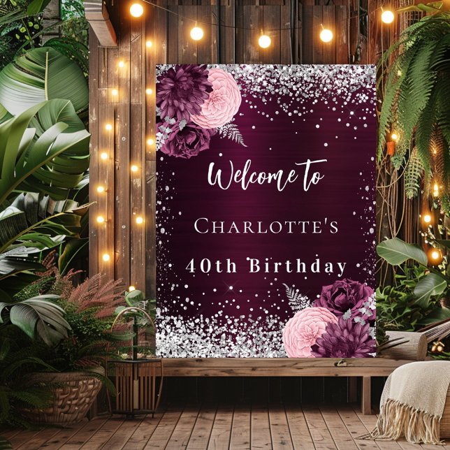Birthday burgundy silver flowers welcome poster (Creator Uploaded)