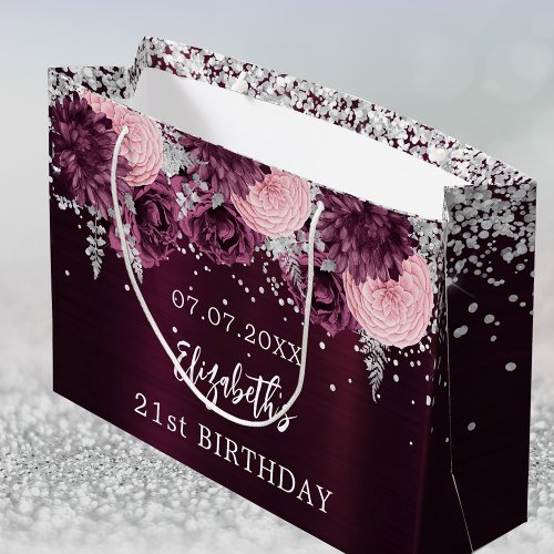 Birthday burgundy silver pink flowers large gift bag