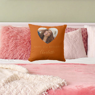 Birthday burnt orange photo name script throw pillow