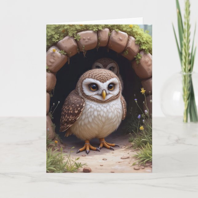 Birthday Burrowing Owls In a Cave Card (Front)