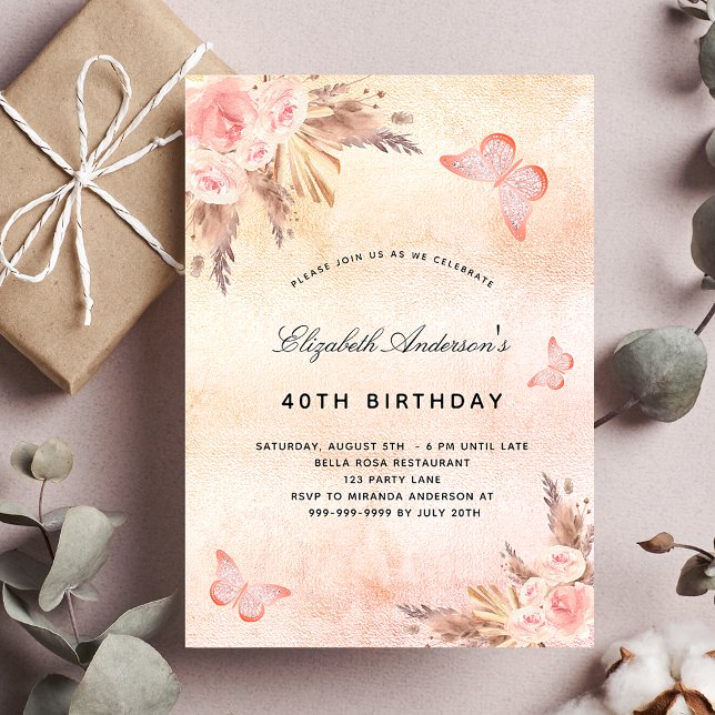 Birthday butterfly pampas grass blush boho invitation (Creator Uploaded)