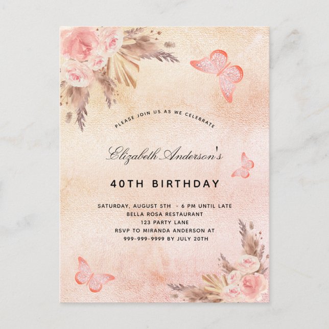 Birthday butterfly pampas grass blush boho invitation postcard (Front)