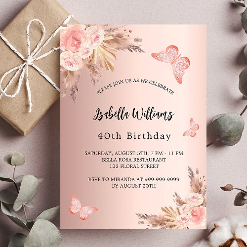 Birthday butterfly pampas rose gold floral luxury invitation