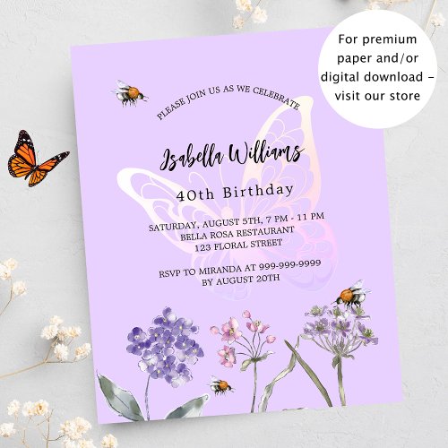 Birthday butterfly violet flower budget invitation