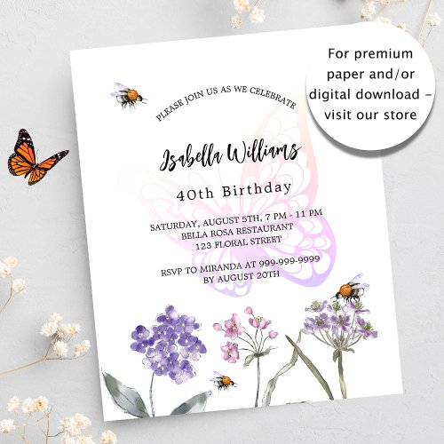 Birthday butterfly violet flower budget invitation