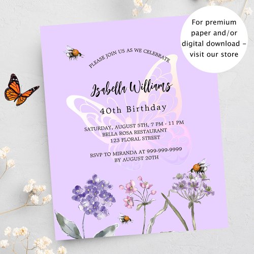Birthday butterfly violet flower budget invitation flyer