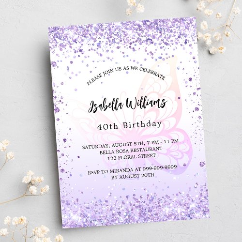 Birthday butterfly violet lavender script invitation postcard
