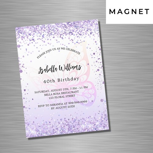 Birthday butterfly violet lavender script luxury magnetic invitation