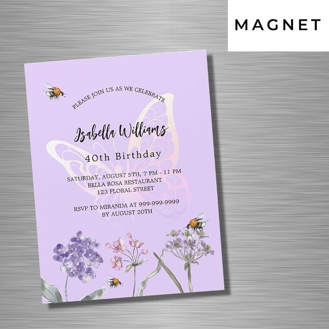Birthday butterfly violet wildflowers pink luxury magnetic invitation (Creator Uploaded)