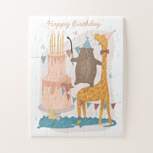 Birthday cake and cute funny animals: bear giraffe jigsaw puzzle (Vertical)