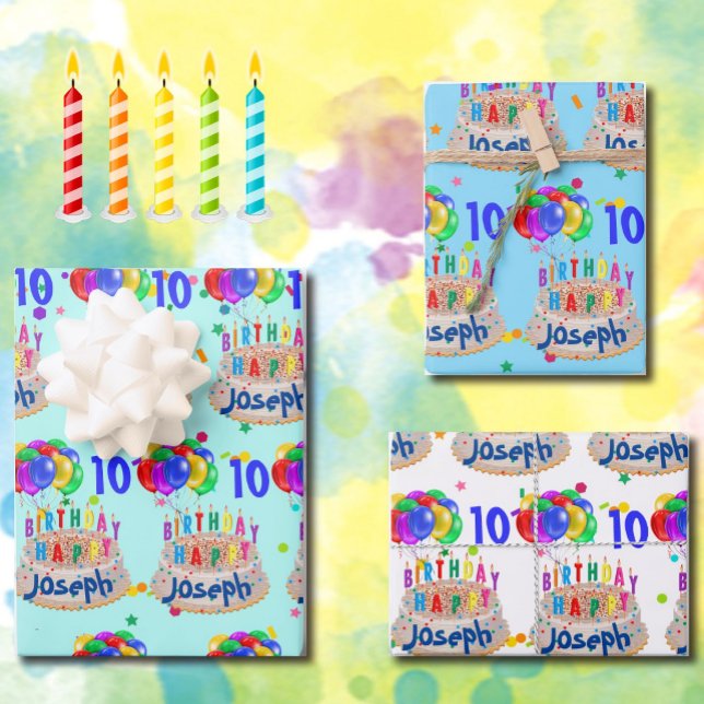 Birthday Cake Balloons Add NAME AGE Boys Wrapping Paper Sheets (Creator Uploaded)