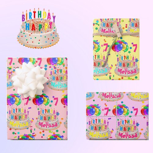 Birthday Cake Balloons Add NAME AGE Girls Wrapping Paper Sheets