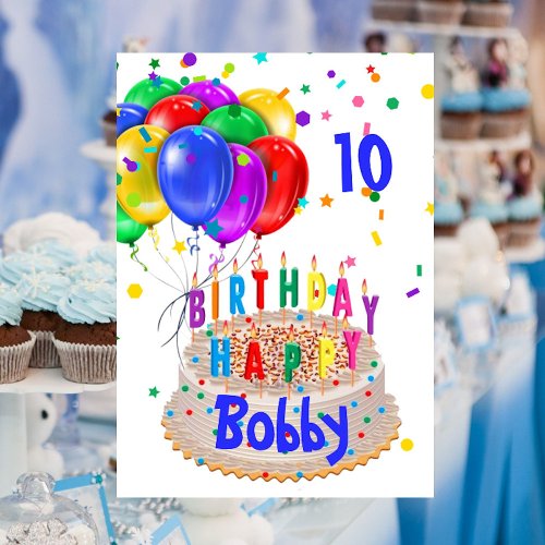 Birthday Cake Balloons Add NAME AGE Kids Boys Card