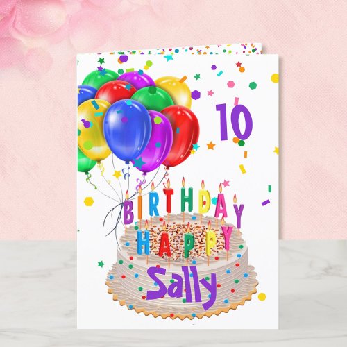 Birthday Cake Balloons Add NAME AGE Kids Girls Card