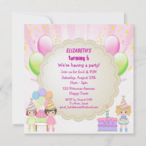 Birthday Cake  Balloons Girls Party Invites