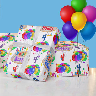 Birthday Cake Balloons Personalize Boy's Name Age Wrapping Paper