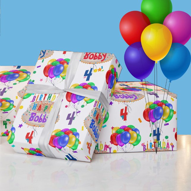 Birthday Cake Balloons Personalize Boy's Name Age  Wrapping Paper (Creator Uploaded)