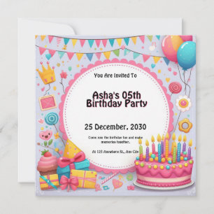 Birthday Cake & Balloons Personalized Invitation