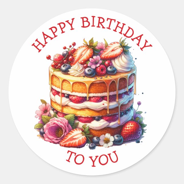 Birthday Cake Berries and Flowers Personalized Classic Round Sticker (Front)
