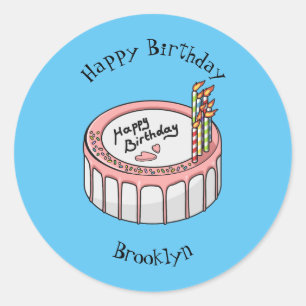Birthday cake cartoon illustration classic round sticker