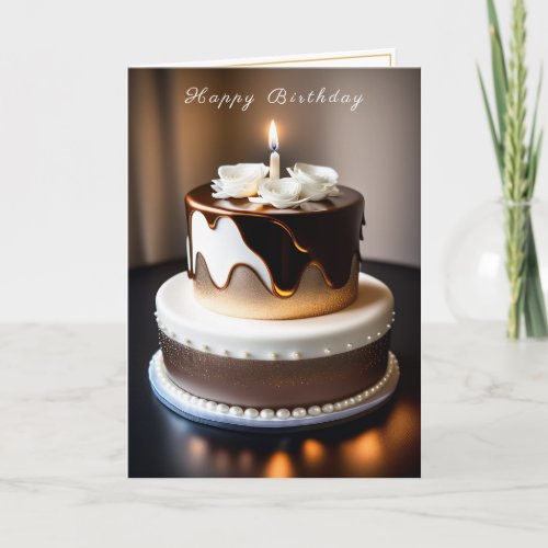 Birthday Cake Gold Brown White Pearls Card