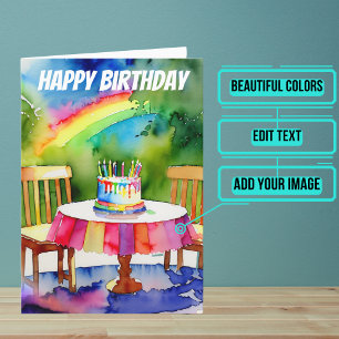 Birthday Cake in Backyard with Rainbow Watercolor Card