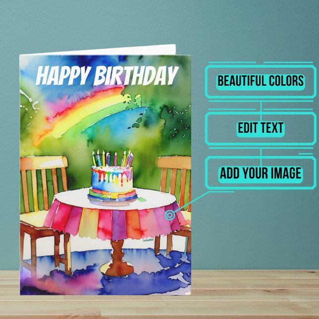 Birthday Cake in Backyard with Rainbow Watercolor Card (Wish someone you care about a happy birthday with this colorful design featuring watercolors.)