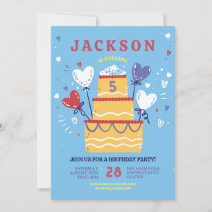 Birthday Cake Invite Blue Boys Balloons Party