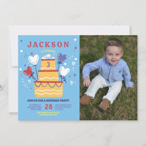 Birthday Cake Invite Blue Boys Balloons Party