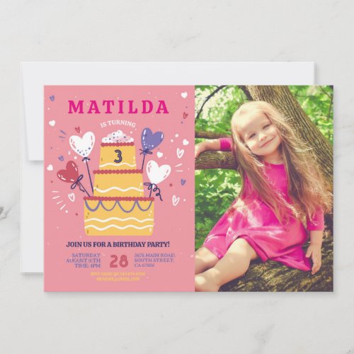 Birthday Cake Invite Pink Balloons Party Any Age