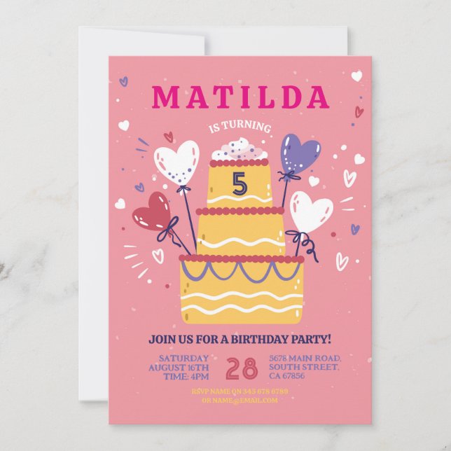 Birthday Cake Invite Pink Balloons Party Any Age (Front)