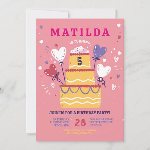 Birthday Cake Invite Pink Balloons Party Any Age