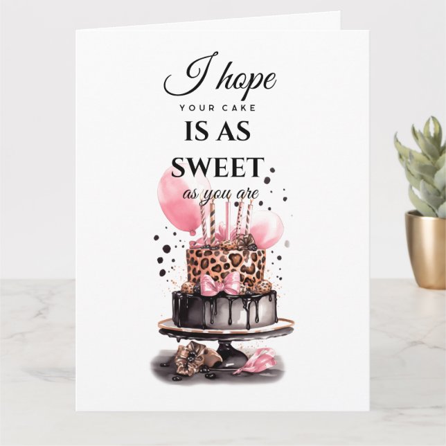 Birthday cake leopard print pink balloon card (Small Plant)